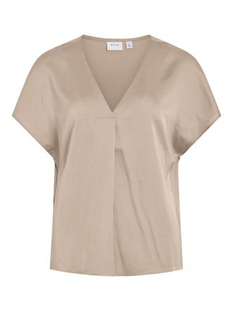 Vila Top-Noos Womens Variety V-Neck S/S Satin Short Sleeve Blouse, Cement, 12