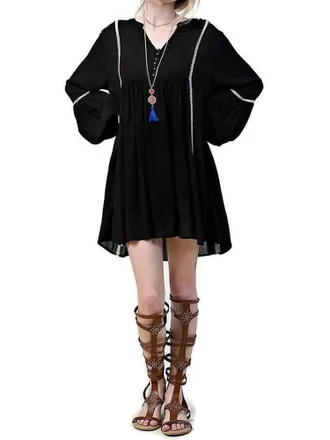 Greek Archaic Kori Bohemian Peasant Dress In Black