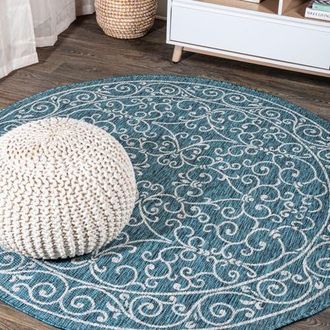 Jonathan Y Designs Charleston Vintage Filigree Textured Weave Indoor/Outdoor Round Area Rug in Teal/gray at Nordstrom, Size 5Ft 0In X 5Ft 0In