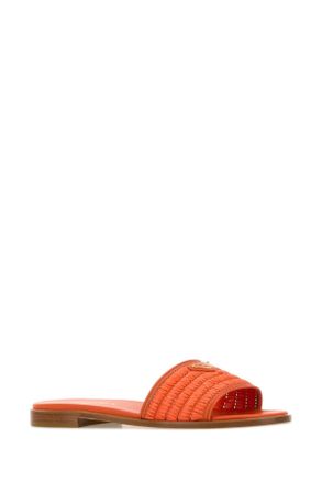 Prada Womens Orange Raffia Slippers Arancio Flat Shoes