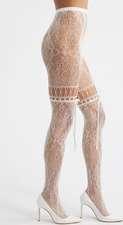 High Heel Jungle Chevonne Satin Ribbon Lace Fishnet Tights in Ivory at Nordstrom