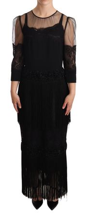 Dolce & Gabbana Womens Midi Dress 34 Sleeves Lace Fringe - Black Silk - Size EU 40 (Womens)