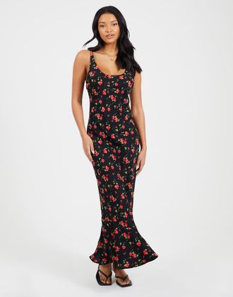 Brave Soul Vestito lungo nero con scollo rotondo, stampa e spalline sottili