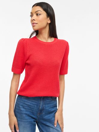 Vila Kurzarmpullover VILA VIDALO O-NECK S/S KNIT TOP - NOOS, Damen, Gr. XXL, hibiscus, Strick, Obermaterial: 100% Baumwolle, unifarben, regular fit normal,