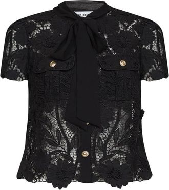 Self Portrait Top met Strikkraag van Kant - Dames - Blouses - Zwart - XS - Polyester - Overhemden