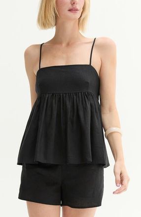 Crescent Tie Back Babydoll Linen Blend Top in Black at Nordstrom, Size X-Small