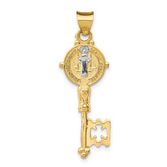 Diamond2Deal 14k Yellow Gold with White Rhodium Solid St. Benedict 2-Sided Cross Key Pendant