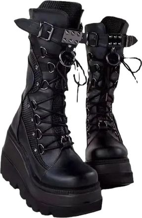 Generic Punk Ladies Goth Platform Boots Fashion Rivet Buckle Punk Wedges High Heels Womens Boots Party Street Cosplay Woman Shoes(Black,10.5US)