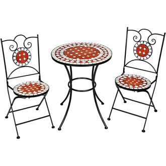 TecTake Conjunto de mesa &Oslash; 60 cm y 2 sillas mosaico de jard&iacute;n marr&oacute;n