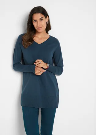 Bonprix Longpullover BONPRIX Long-Pullover, Damen, Gr. 56/58 (XXXL), blau (dunkelblau), Obermaterial: 70% Baumwolle, 30% Polyamid, loose fit, V-Ausschnitt, Pu