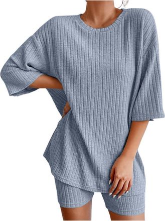 Generic Women 2 Piece Lounge Sets Ribbed Short Sets Summer Oversized Short Sleeve Tops and Cycling Shorts Gym Tracksuits Set Loungewear PajamasMatchingCo OrdY