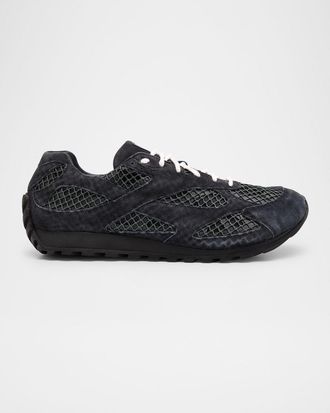 Bottega Veneta Mens Orbit Aged Leather and Fishnet Runner Sneakers