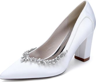 Generic Womens Chunky Heels Pumps Bridal Rhinestones Pointed Toe High Heels Wedding Party Dress Slip on Pumps Shoes 8.5Cm,White,10 UK