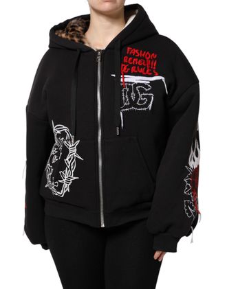 Dolce & Gabbana Womens Black Embroidered Full Zip Hooded Jacket Cotton Clothing