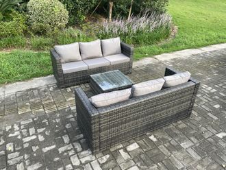 Fimous Wicker Rattan Garden Furniture Sofa Set with Square Coffee Table 6 Seater Outdoor Rattan Set Dark Grey Mixed