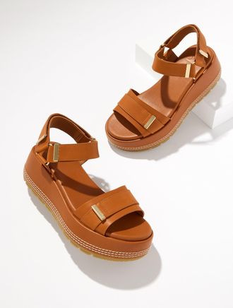 Sorel Leather Sunpeak Platform Sandals - Iced Tea/Gum - 10 1/2 M Talbots