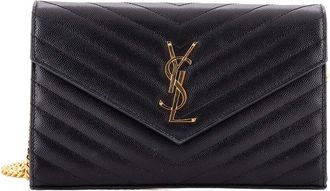 Saint Laurent Black Matelasse Chevron Leather Classic Monogram Wallet On Chain Medium (Authentic Pre-Loved)