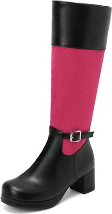 Generic Womens Round Toe Colorblock Knee High Riding Boots with Side Zipper and Buckle Comfort Block Heel Winter Shoes (5.5,Rose Red)