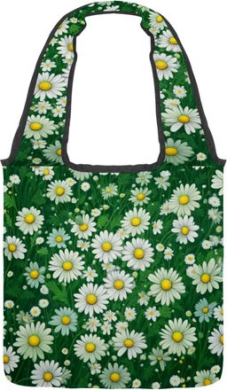 Generic Green White Daisy Reversible Canvas Shoulder Tote - Double-Sided Print, 12oz Cotton, 27cm Drop, Fold-Flat Bag for Travel, Shopping, Street Outings