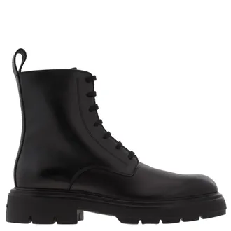 Ferragamo Black Leather Combat Boots, Size 9 E