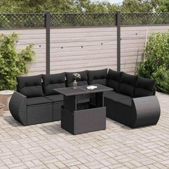 vidaXL Set De Sof&aacute;s De Jard&iacute;n 7 Pzas Con Cojines Rat&aacute;n Sint&eacute;tico Negro Vidaxl