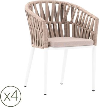 Kerama Pack de 4 sillas de jardin de aluminio blanco y cuerda beige con coj&iacute;n