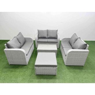 Fimous Fimous 6 Seater PE Wicker Rattan Furniture Sofa Sets with Rectangular Coffee Table 2 Seater Love Sofa Side Table Light Grey