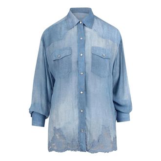 Ermanno Scervino Denim Shirts, female, Blue, Size: M Georgette Shirt with Denim Print and Lace
