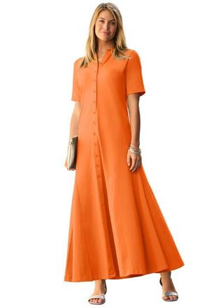 Jessica London Stretch Cotton Button Front Maxi Dress in Orange Twist at Nordstrom, Size 28