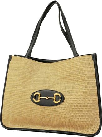 Gucci Beige Navy Canvas Leather Tote Bag (Pre-Owned)