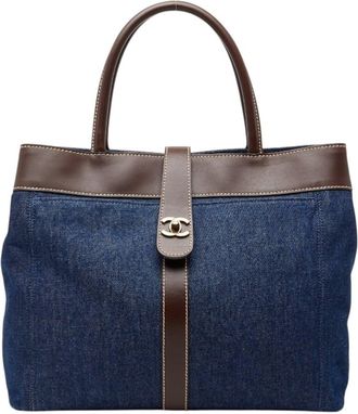 Chanel Blue Brown Denim Leather Handbag Tote Bag (Pre-Owned)