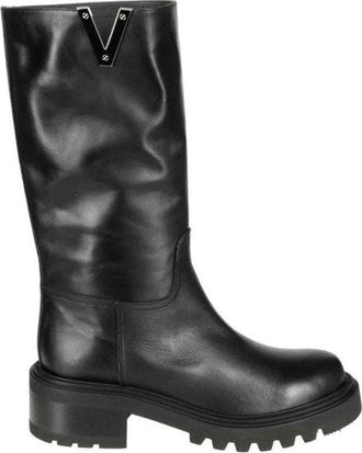Via Roma 15 Sleek Mid-Calf Boots With Silver Logo Detailing