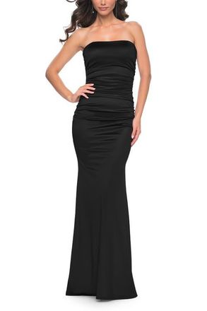 La Femme Strapless Stretch Satin Dress with Ruching in Black at Nordstrom, Size 0