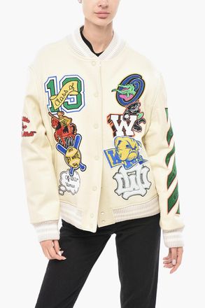 Off-white SEASONAL Bomber SLOGAN with Leather Sleeves and Embellishments Off-White