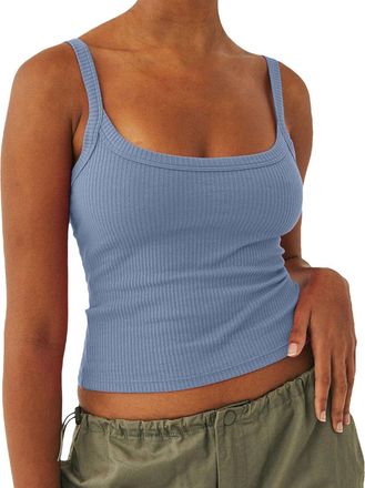 Generic Women Spaghetti Strap Scoop Neck Ribbed Tank Tops Slim Fitted Cotton Camisole Basic Sleeveless Layering Shirts Brand Sleep Shorts (Blue, S)