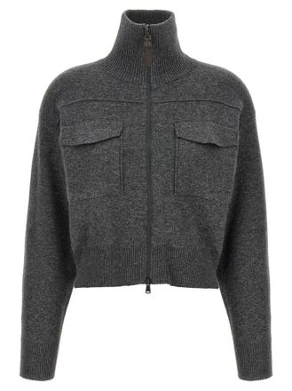 Brunello Cucinelli Grey Shiny Zipper Pull Wool cardigan