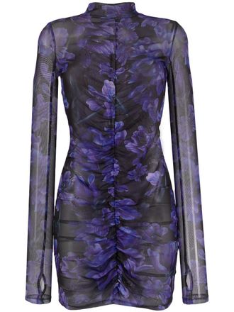 Philipp Plein floral-print long-sleeve ruched minidress - women - Polyester/Elastane - S - Black