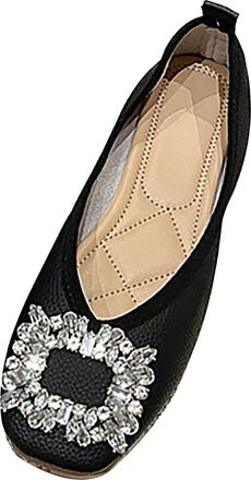 Generic Faux Leather Dress Shoes for Women Rhinestone Slip On Rubber Soft Sole Dolly Shoes Comfortable Round Toe Low-Top Flat Shoes Arch Support Orthopedic Sh