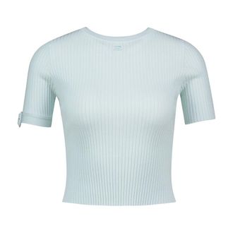 Courr&egrave;ges Womens Buckle-Cuff Ribbed Viscose T-Shirt Mint