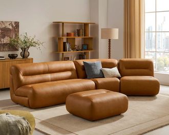 Castlery Tovi Leather Angled Chaise Sectional Couch with Ottoman, Mocha for Brown