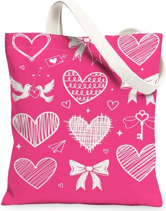 Generic ValentineS Day Heart Canvas Tote Bags, Romantic Love Pattern Reusable Grocery Bags, Lightweight Washable Shoulder Strap Ca, Peach, 13x15 Inch