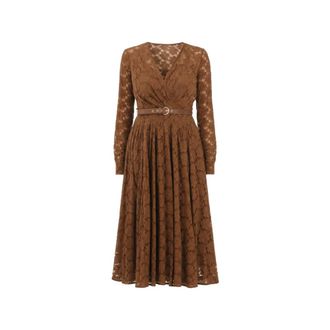Max Mara Lace Belted Midi Dress - Dames - Casual kleedjes - Bruin - M - Katoen - Kleedjes