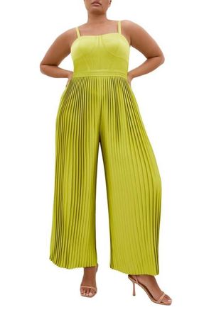 City Chic Pleated Satin Jumpsuit in Chartreuse at Nordstrom, Size 3Xl