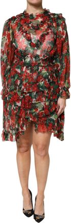 Dolce & Gabbana Multicolor Ruffle Floral Long Sleeves Womens Dress