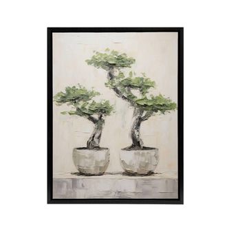 Artery8 Japanese Bonsai Trees In Pots Framed Canvas Wall Art Print in Grey | Size: W24 x H32