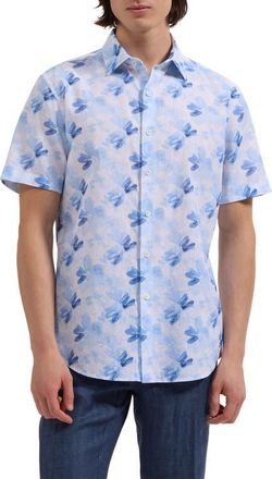 Bugatchi Orson Shaped Fit Abstract Floral Short Sleeve Linen & Cotton Button-Up Shirt in Classic Blue at Nordstrom, Size Xx-Large