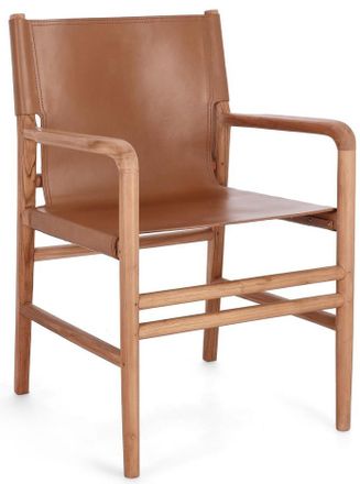 BIZZOTTO Design Armlehnstuhl Caroline aus massivem Teakholz und Echtleder - Cognac