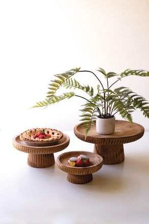 Kalalou Set Of Three Etched Wood Serving Stands