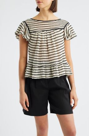 Bobeau Ruffle Open Stitch Short Sleeve Sweater in Cream/Black at Nordstrom, Size Small