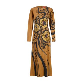 La DoubleJ Midi Dresses, female, Brown, S, Brown Big Blooms Satin Swing Dress